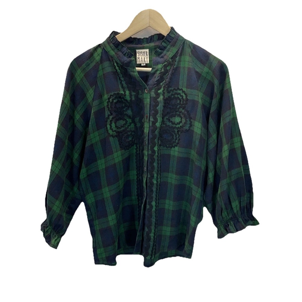 Sister Mary Cotton Plaid‎ Green floral Embroidered Top S Tartan Ruffle Soft